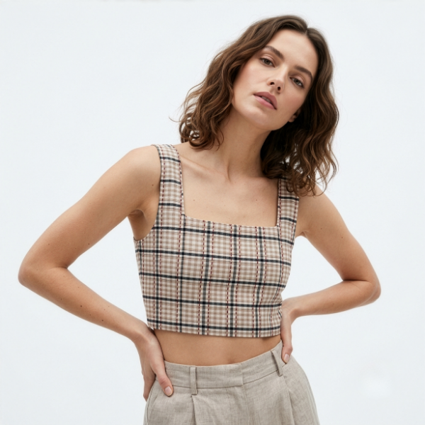 Plaid Square Neck Crop Top