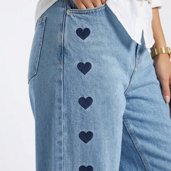 Heart Embroidered Baggy Jeans