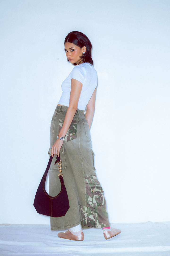 Camo Stitched Midi Skirt