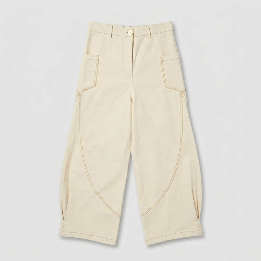 Ecru Canvas Barrel Leg Trousers