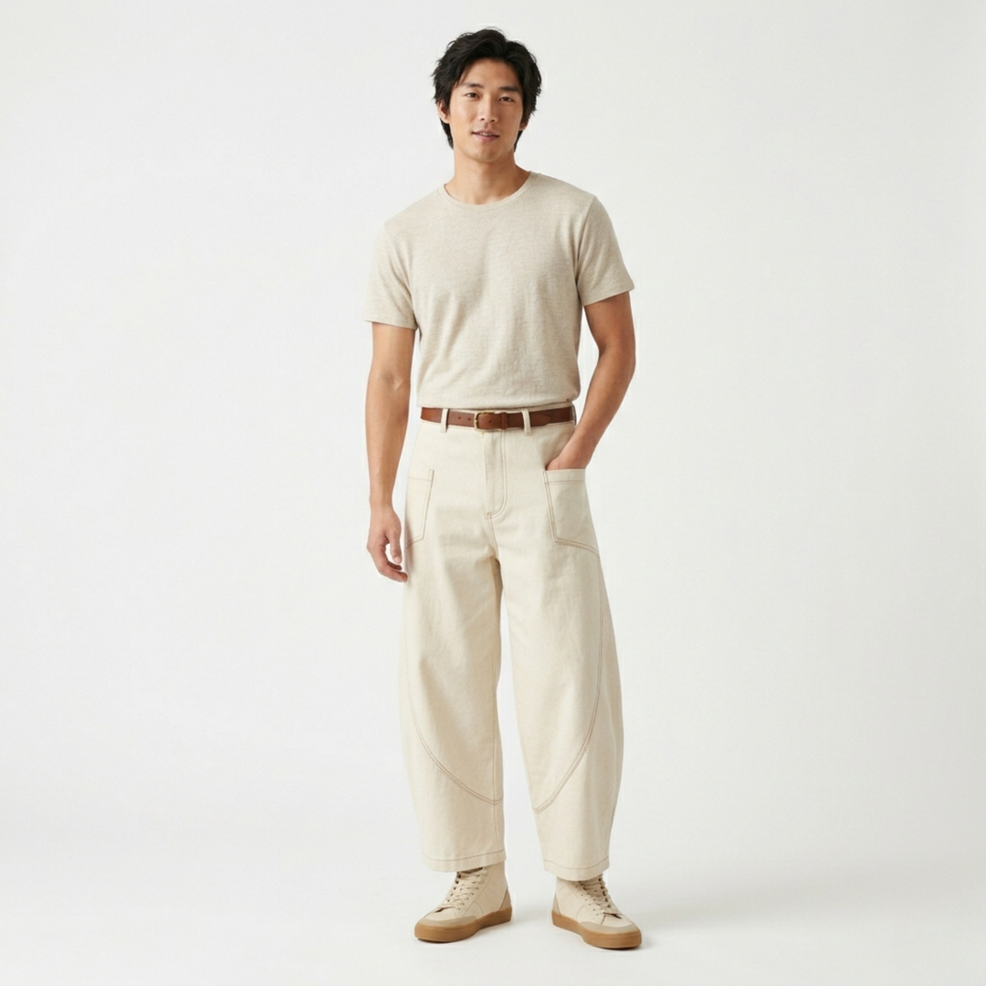 Ecru Canvas Barrel Leg Trousers