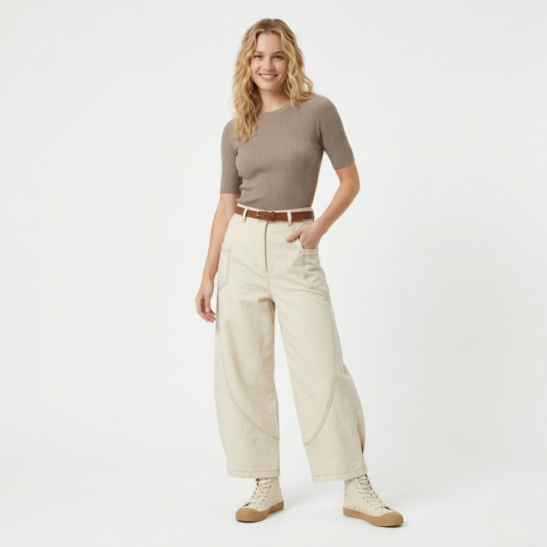 Ecru Canvas Barrel Leg Trousers