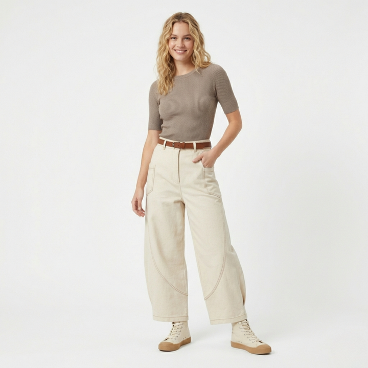 Ecru Canvas Barrel Leg Trousers