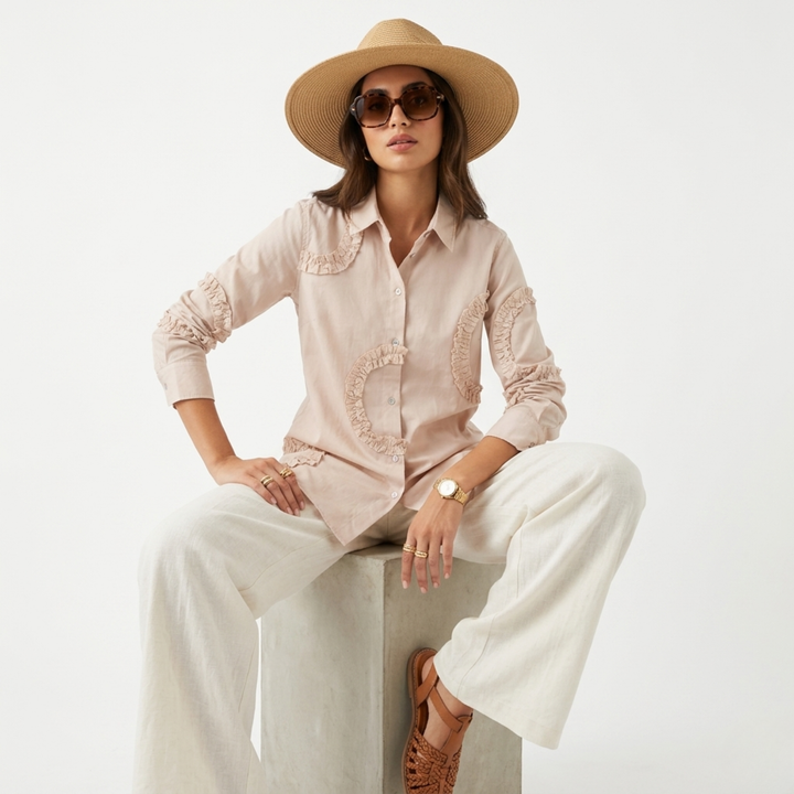 Frill Detail Long Shirt Beige