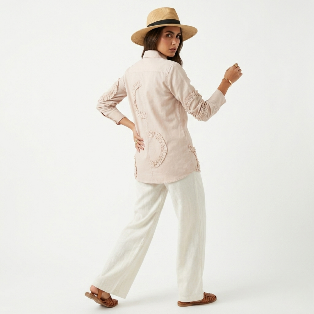 Frill Detail Long Shirt Beige