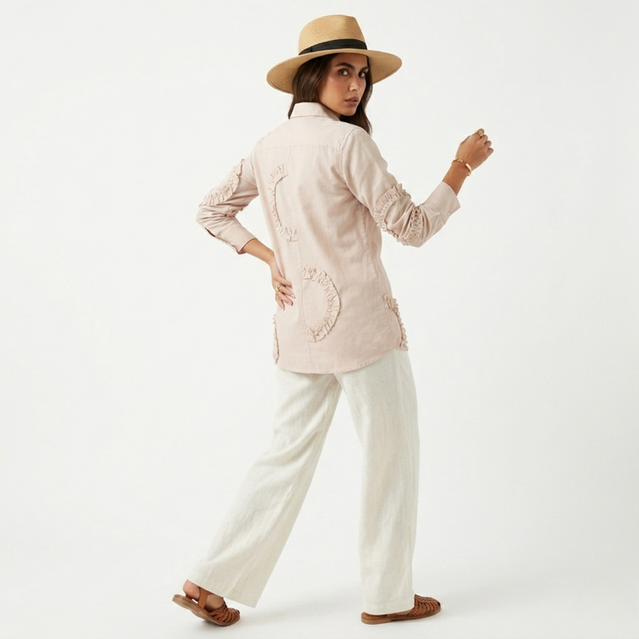 Frill Detail Long Shirt Beige