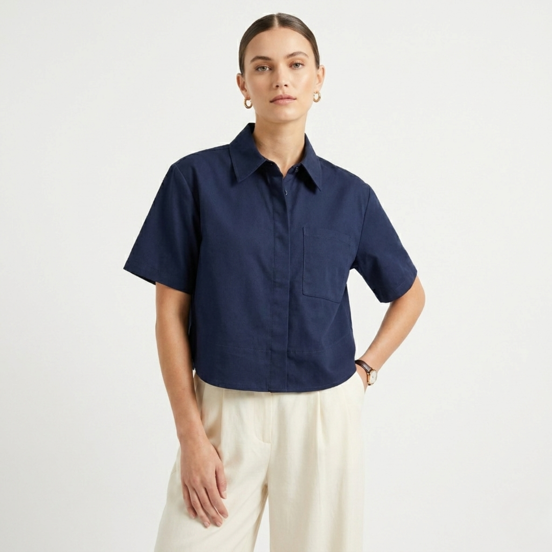 Navy Boxy Cropped Button Down