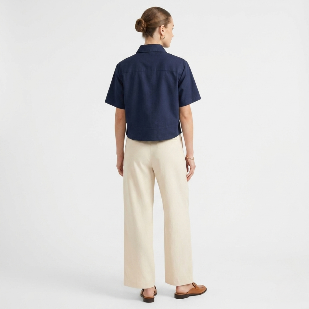 Navy Boxy Cropped Button Down
