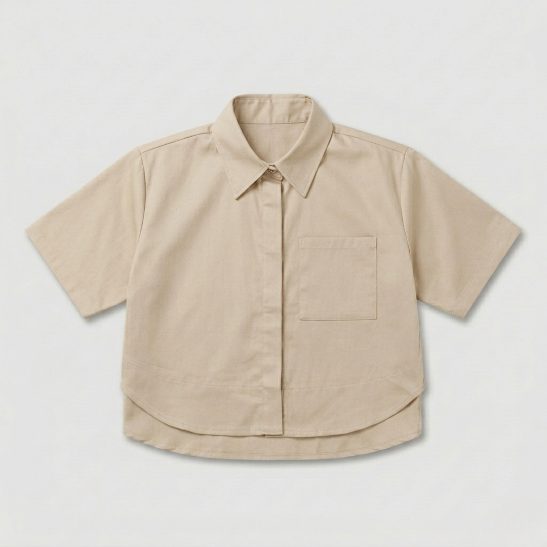 Beige Boxy Cropped Button Down