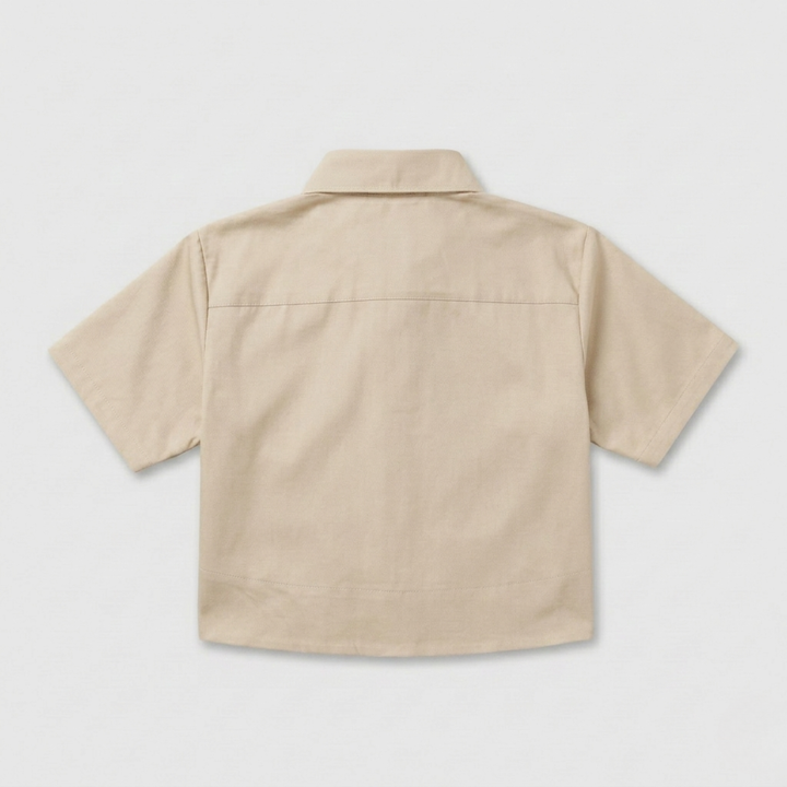 Beige Boxy Cropped Button Down