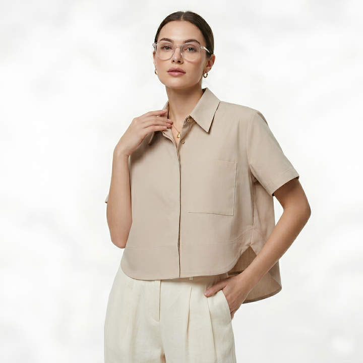 Beige Boxy Cropped Button Down
