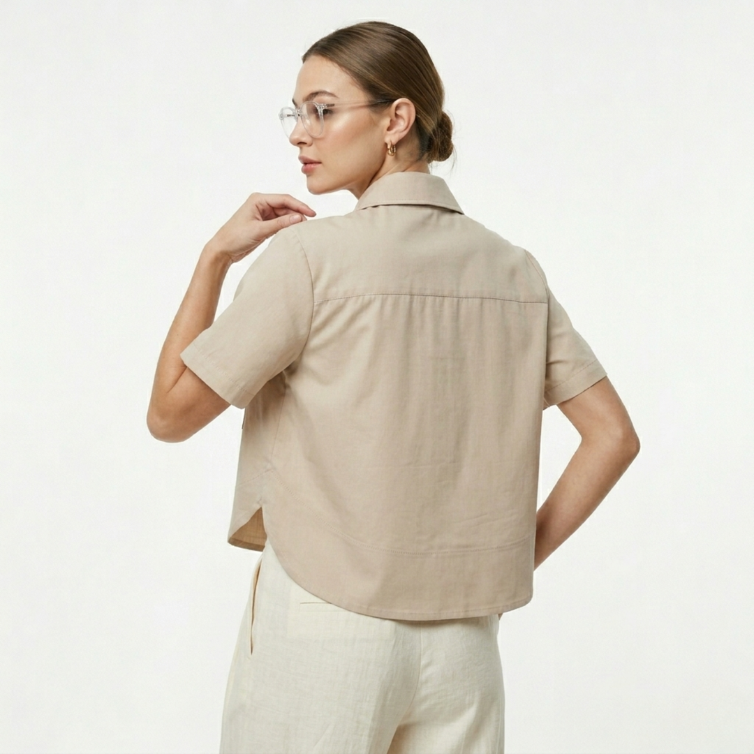 Beige Boxy Cropped Button Down
