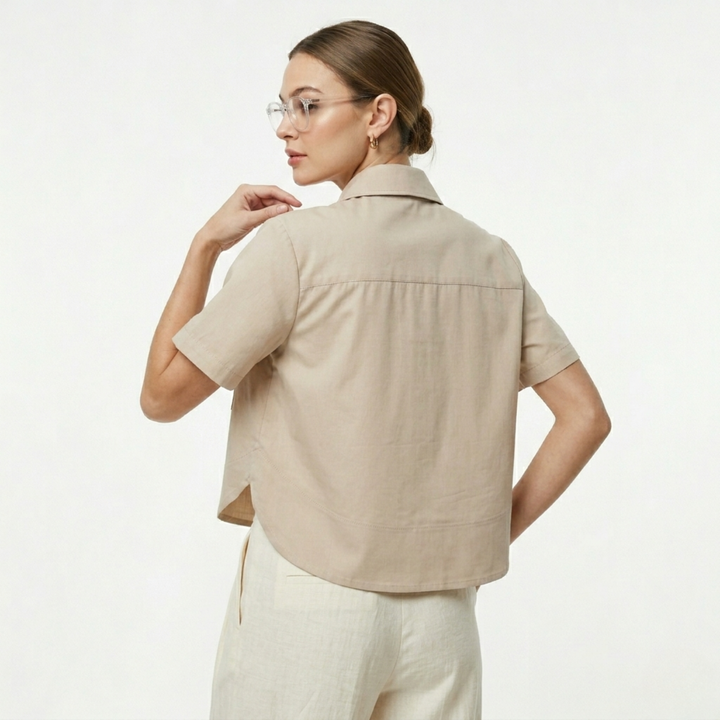 Beige Boxy Cropped Button Down