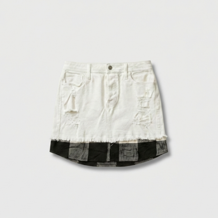 White Denim Skirt with Buffalo Plaid Hem