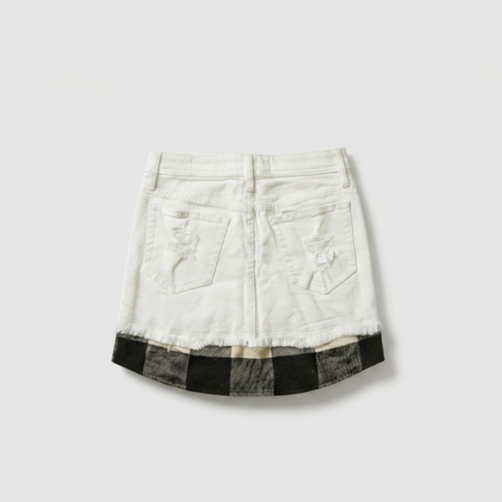 White Denim Skirt with Buffalo Plaid Hem
