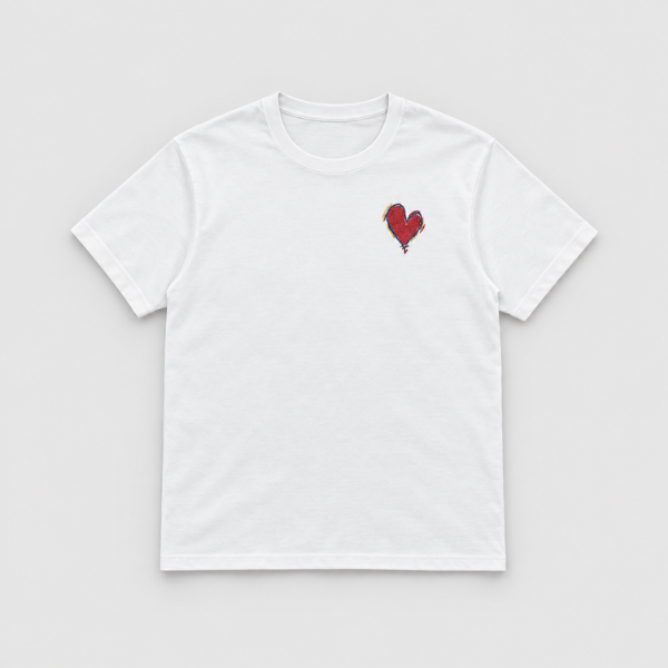 A white short-sleeve crewneck t-shirt featuring a small distressed red heart graphic on the left chest, displayed flat against a light gray background.