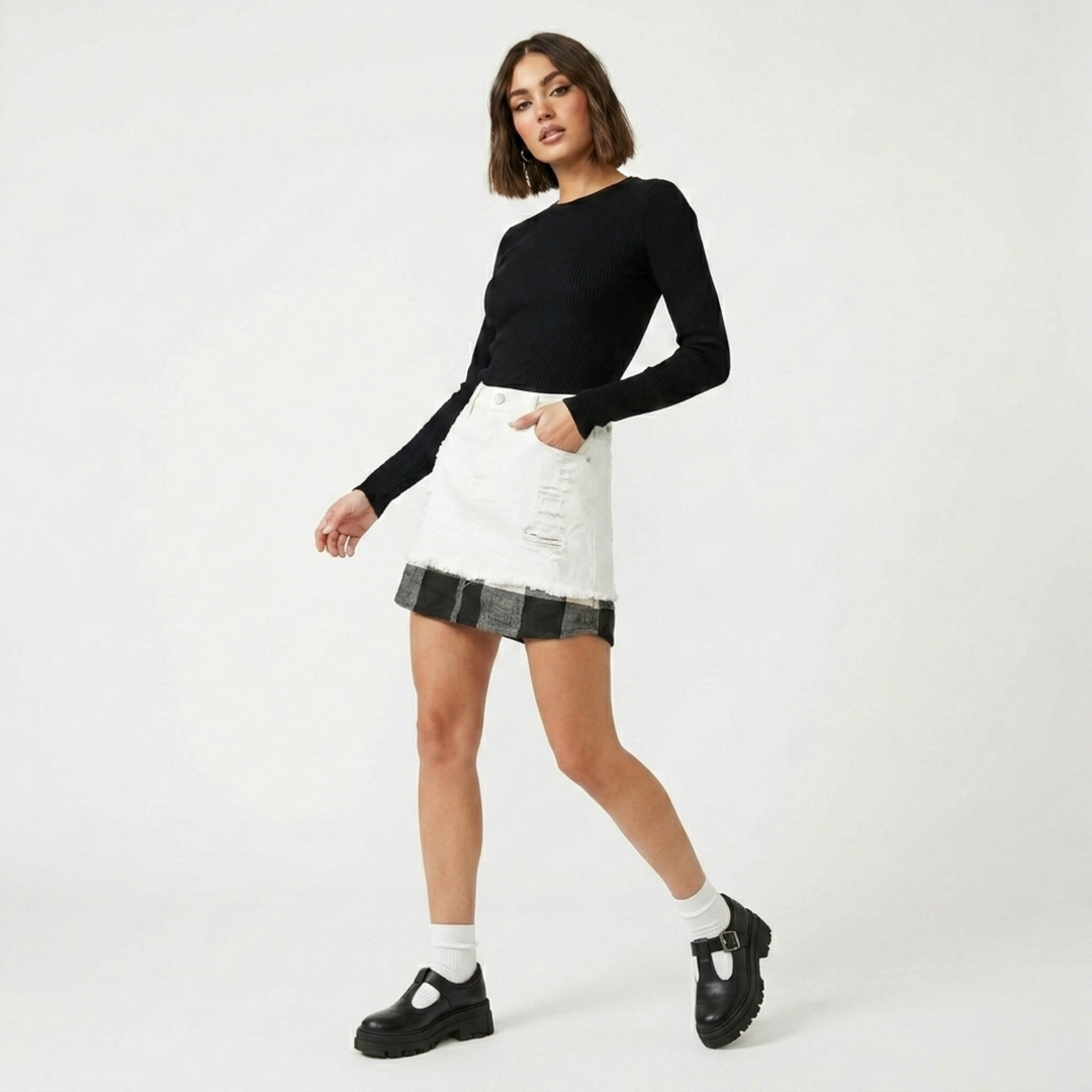 White Denim Skirt with Buffalo Plaid Hem