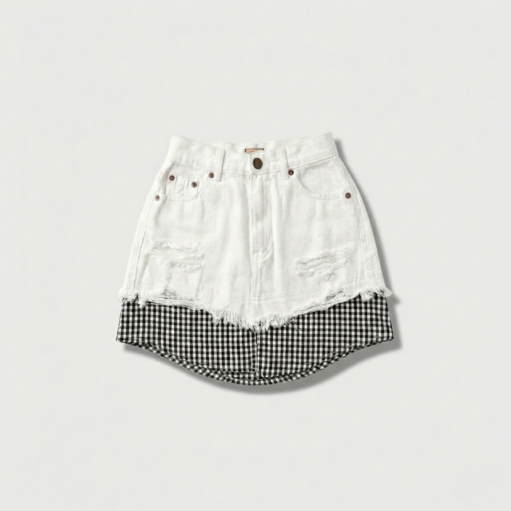 White Denim Skirt with Gingham Hem
