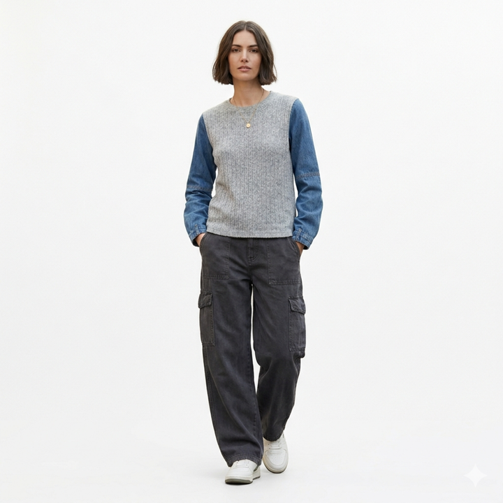 Ribbed Knit and Denim Top