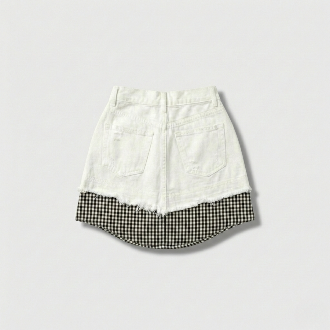 White Denim Skirt with Gingham Hem