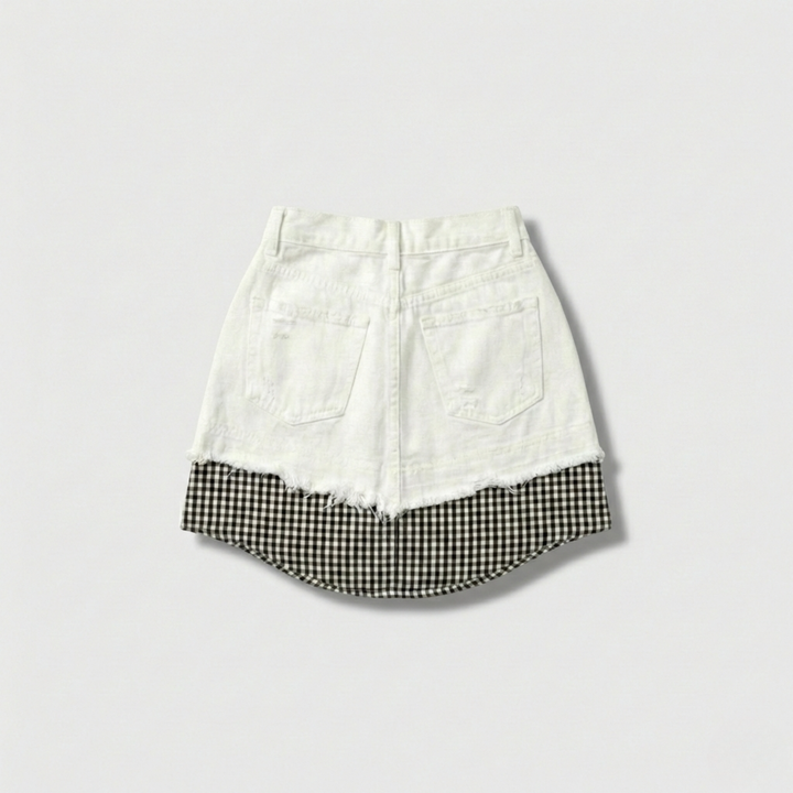 White Denim Skirt with Gingham Hem