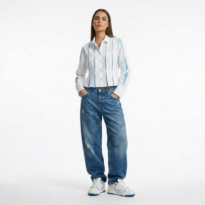 Cropped Pleated Shirt Blue
