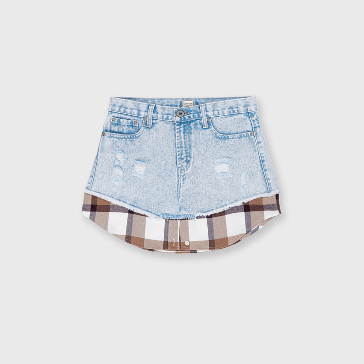 Denim Mini Skirt with Plaid Hem