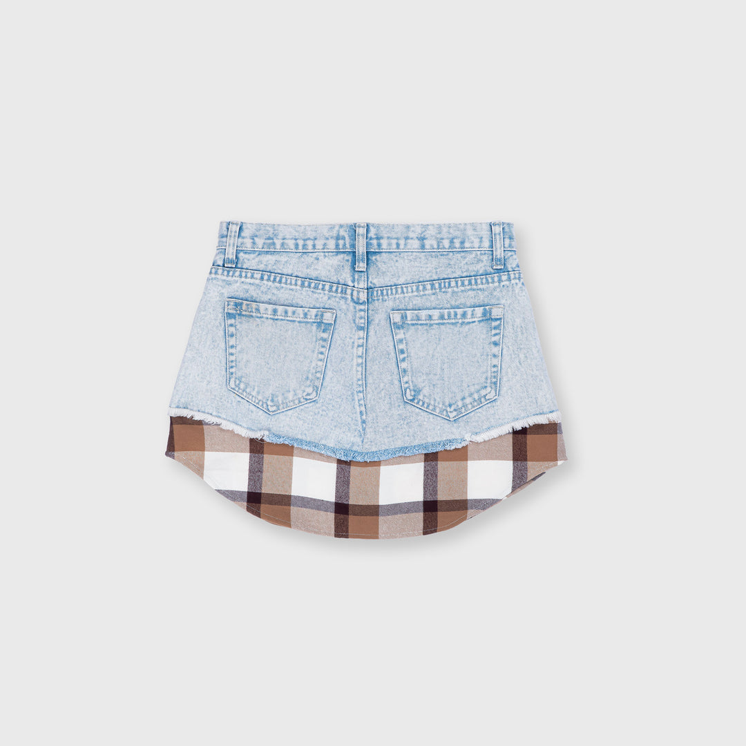 Denim Mini Skirt with Plaid Hem